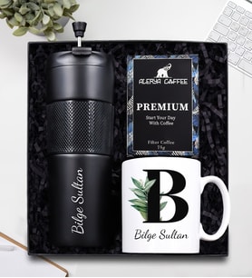 French Press Özellikli 450ML Çelik Termos &  Alerya Premıum Filtre Kahve & Harf Baskılı Kupa Hediye Seti