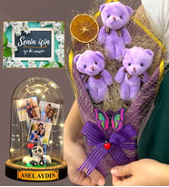 Kişiye Özel Led Işıklı Fanus ve Mor Peluş Ayıcık Buketi - Premium Hediye Seti (Model 4)