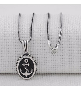 Oval Çapa Motifli 925 Ayar Gümüş Kolye (Gri)