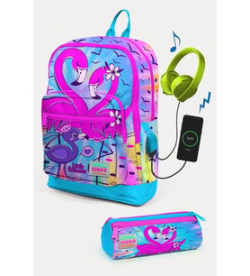 Coral High Kids Mavi Pembe Flamingo Desenli USB'li 2'li Okul Çanta Seti - Kız Çocuk