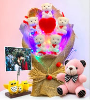 Kişiye Özel Baykuş Fotoğraflı Renkli Led Işıklı Ayıcık Buketi ve Peluş Anahtarlık