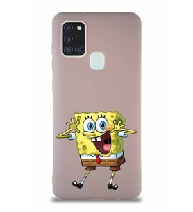 Samsung Galaxy A21S Soft Premier Kapak Sünger Bob Tasarımlı Silikon Kılıf - Pudra (Şeffaf)