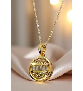 Zirkon Taşlı Baget Çelik Gold Renk Kadın Kolye