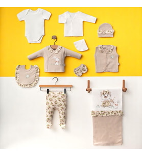 KIZ BEBEK 0-3 AY ÇİÇEKLİ TAVŞANLI 10LU SET %100 ORGANİK PAMUK (Taş)