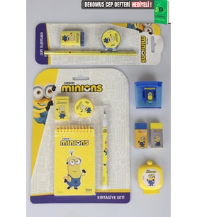 x Dekomus , Lisanslı Minions 11 Parça Kırtasiye Seti Silgi,Kurşun Kalem,Not Defteri,Kalemtraş