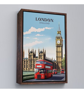 Çerçeveli Londra Şehir Manzarası ve Kırmızı Otobüs Tablosu (Beyaz)