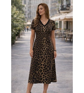Kadın Kısa Kollu V Yakalı Leopar Desenli Kısa Süprem Elbise