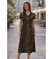 Kadın Kısa Kollu V Yakalı Leopar Desenli Kısa Süprem Elbise