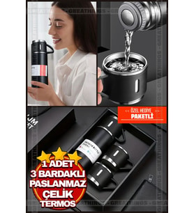 Siyah Piknik Kamp Termosu Paslanmaz Çelik 3 Bardaklı 500 Ml Vakumlu Çay Kahve Sıcak Soğuk Termos Set