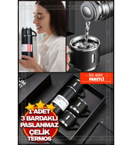 Siyah Piknik Kamp Termosu Paslanmaz Çelik 3 Bardaklı 500 Ml Vakumlu Çay Kahve Sıcak Soğuk Termos Set