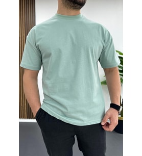 Erkek Oversize %100 Pamuk Nefes Alan Basic T-shirt Yeşil Edw038