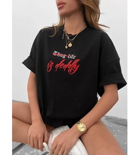 Unisex Bisiklet Yaka Baskılı Oversize T-Shirt - Siyah