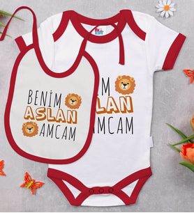 BK Kids Aslan Amcam Tasarımlı Kırmızı Bebek Body Zıbın ve Mama Önlüğü Hediye Seti-1