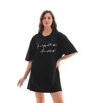 Unisex Bisiklet Yaka Baskılı Oversize T-Shirt - Siyah
