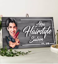 BK Gift Kişiye Özel Hairstyle Saloon Karikatürlü Gri Dekoratif Ahşap Tabela