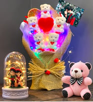 Kişiye Özel Renkli Led Işıklı Ayıcık Buketi Seti (Işıklı Oturan Çiftli Fanus) (Model 1)