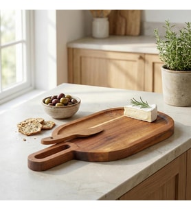Doğal Akasya Ahşap Oval Peynir ve Sunum Tahtası – 30x14 cm Saplı Servis Tepsisi, Yanında Özel Ahşap Peynir Bıçağı İle (2 Parça Set)