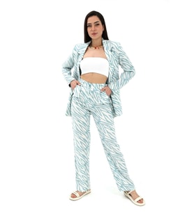 Zebra Desen Yüksek Bel Keten Pantolon - Mavi