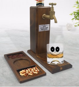 BK Gift Kişiye Özel Sevimli Korkunç Yüz Tasarımlı Viski Bardağı & Musluklu Doğal Ahşap İçki Standı & Masif Ahşap Dikdörtgen Sunum Tabağı Çerezlik Hediye Seti-1