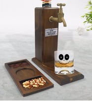 BK Gift Kişiye Özel Sevimli Korkunç Yüz Tasarımlı Viski Bardağı & Musluklu Doğal Ahşap İçki Standı & Masif Ahşap Dikdörtgen Sunum Tabağı Çerezlik Hediye Seti-1