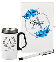 Anneye Hediye Kişiye Özel Şık Çiçek Tasarımlı Hediye Defter Kalem Ve Termos Mug Seti