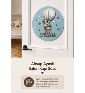 Ahşap Çocuğun İsmine Mavi Balonlu Kapı Süsü - Bebek Hastane Kapısı ve Bebek Odası için Kapı Süsü