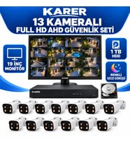 KARER 13 Kameralı 19 İnç Monitörlü Full HD AHD Güvenlik Seti 1 TB HDD Renkli Gece Görüşü