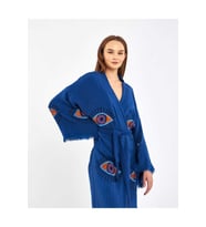 Müslin Kimono %100 Pamuklu Göz Desenli Bornoz Kaftan Sabahlık (Mavi)