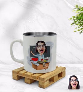 BK Gift Kişiye Özel Kadın Öğretmen Karikatürlü İçi Siyah Renkli Kupa Bardak Model 2