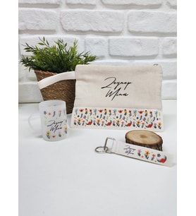 İsme Özel Kişiye Özel Renkli Çiçek Desenli Clutch Çanta Buzlu Cam Çay Fincanı Anahtarlık Hediye Seti