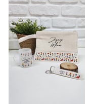 İsme Özel Kişiye Özel Renkli Çiçek Desenli Clutch Çanta Buzlu Cam Çay Fincanı Anahtarlık Hediye Seti