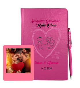 Sevgililer Gününe Özel Pembe Defter Kalem & Instagram Çerçeve Hediye Seti 24