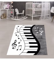 Piyano Desenli Müzik Notalı Halı Dijital Baskı Yıkanabilir Kaymaz Taban Modern Salon Halısı (Beyaz)