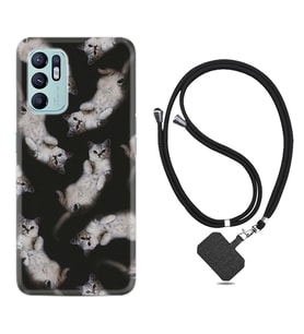 Oppo Reno 6 Kılıf Silikon Boyun Askılı İpli Desenli Silikon Sevimli Kedicikler 1785