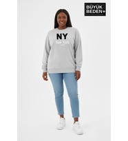 Kadın Büyük Beden NY Newyork Baskılı Bisiklet Yaka ince Sweatshirt SPR26BSWK956-15