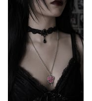 Gotik Pembe Kalp Kolye Zincir Detaylı Unisex Metal Kolye