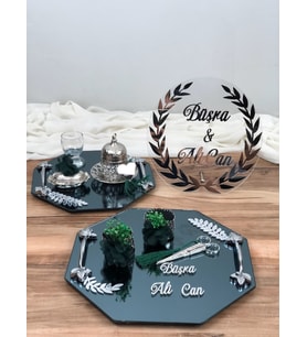 İsteme Tepsisi Cam Dikdörtgen Yapraklı Söz Nişan Ve Damat Kahve Fincan Tepsi