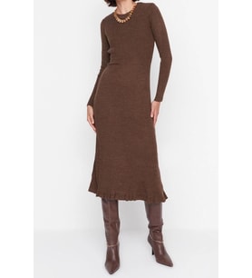 Moda Slim Casual Günlük Tek Plaka Triko Bisiklet Yaka Uzun Kol Bodycone Midi Boy Elbise (Kahverengi)