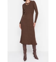 Moda Slim Casual Günlük Tek Plaka Triko Bisiklet Yaka Uzun Kol Bodycone Midi Boy Elbise (Kahverengi)