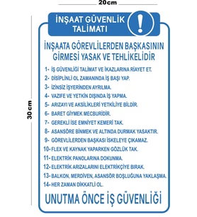 Metal İnşaat Güvenlik Talimatı 20cm x 30cm A4 Büyüklüğünde Uyarı Levhası Yönlendirme Tabelası