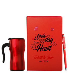 Sevgililer Gününe Özel Deri Kırmızı Defter Kalem & Termos Mug Hediye Seti 7
