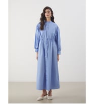 LCW Modest Mavi Hakim Yaka Çizgili Poplin Gömlek Elbise