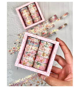Kare Vintage Washi Tape Bant Yapışkanlı Maskeleme Kağıdı Desenli Bant 12'li - Pembe Çiçekler