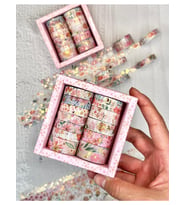 Kare Vintage Washi Tape Bant Yapışkanlı Maskeleme Kağıdı Desenli Bant 12'li - Pembe Çiçekler