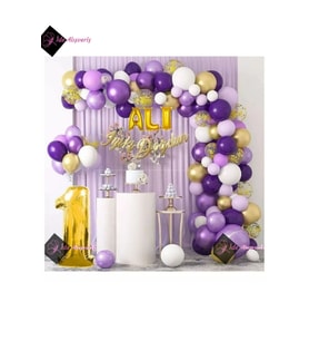 3 Harf İsimli 1 Yaş Macaron Mor Balon Zinciri Seti Gölge Mor Altın Balon Dekorasyon