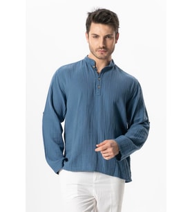 Uzun Kol Hakim Yaka Müslin Yazlık Sweatshirt İndigo indg