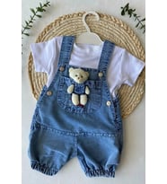 ÇIKARILABİLİR AYICIK OYUNCAKLI BEBEK KOT SALOPET T-SHİRT  TAKIM (DENIM)