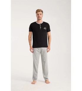 pilelistore- Erkek Siyah Düğmeli Yaka Kısa Kol Pijama Takımı