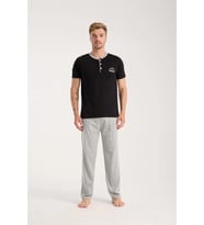 pilelistore- Erkek Siyah Düğmeli Yaka Kısa Kol Pijama Takımı