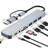 Type-C USB Girişli 8in1 Adaptör Hub Çoğaltıcı Kart Okuyucu Aux